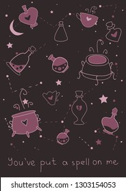 Set of magic bottles and love potions. Happy Valentines Day card, poster, banner, background, flyer in flat style with handwritten callygraphy text. Cute magic symbols vector illustration.