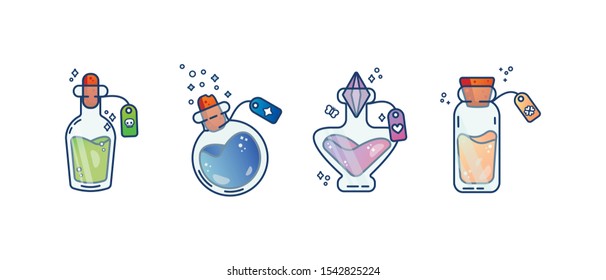 
Set of magic bottles on white background. Vector illustration with bottles of potions of love, good luck, magic and a bottle with poison.