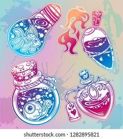Set of magic bottles.  Vector illustration isolated. Tattoo design, magic symbol for your use.