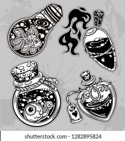 Set of magic bottles.  Vector illustration isolated. Tattoo design, magic symbol for your use.