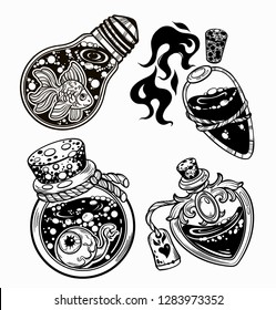 Set of magic bottles.  Vector illustration isolated. Tattoo design, magic symbol for your use.