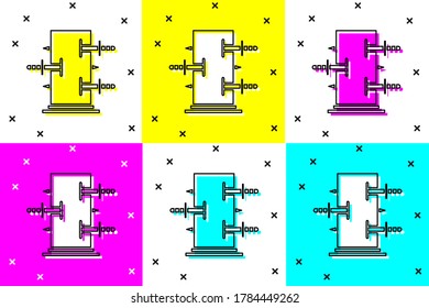 Set Magic box, trunk for magic tricks icon isolated on color background. Show with knives, piercing the box with swords.  Vector Illustration