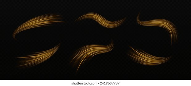 Set of magic bright trails on transparent background. Glowing fire lines effect. High-speed light trails effect. Sparkling wavy light effect.