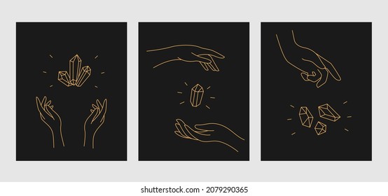 Set of magic cards with hands and crystals. Trendy minimalist signs for design of cosmetics, jewelry, handmade products.