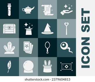 Set Magic carpet, Eye, wand, Ancient magic book, hat, Antique treasure chest, Bottle with potion and Witch icon. Vector