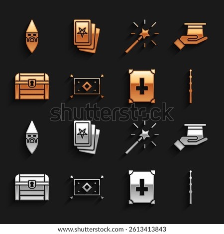 Set Magic carpet, Magician hat in hand, wand, Ancient magic book, Antique treasure chest, Wizard warlock and Three tarot cards icon. Vector