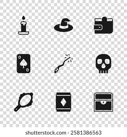 Set Magic carpet, Skull, Antique treasure chest, wand, Wallet, Burning candle, Witch hat and Playing cards icon. Vector