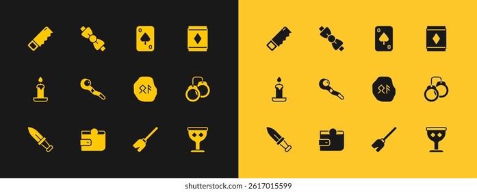 Set Magic carpet, Wallet, runes, Witches broom, staff, Playing cards, Hand saw and Bow tie icon. Vector