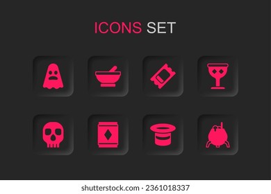 Set Magic carpet, Witch cauldron, Ghost, hat, Medieval goblet, Circus ticket and Skull icon. Vector