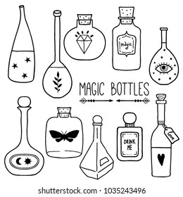 Set of magic cartoon bottles and love potions. Monochrome vector illustration. Magic elixir hand drawn collection