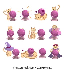 Un conjunto de gatos mágicos con la bola de cristal de una bruja. Ilustración vectorial del gato hechicero. La colección del gato rojo se puede usar para el diseño de Halloween, astrología, cosas mágicas,