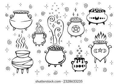 Set of magic cauldron. Hand drawn vector illustration  isolated on white background.