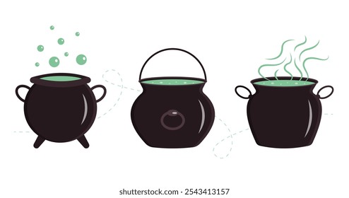 Set of magic cauldrons with potions. Halloween elements for decor. Vector illustration	
