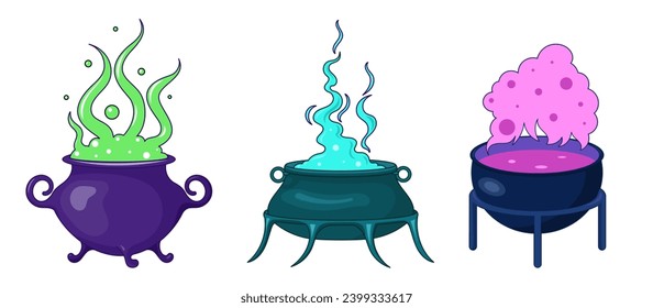 A set of magic cauldrons that brew a miracle potion. Vector flat illustration.	