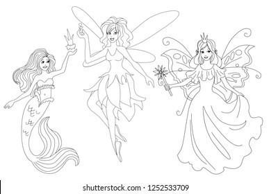 Set of magic characters. Isolated vector coloring page for print