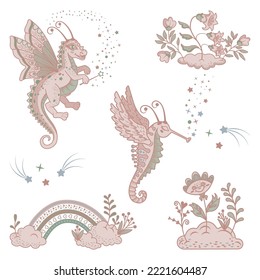 Conjunto de personajes mágicos al estilo escandinavo. Dragón de cuento de hadas, caballito de mar, flores y arcoíris. Plantilla para el diseño infantil en tonos pastel. Ilustración vectorial.