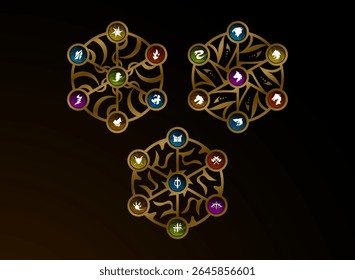 set of magic circle fantasy golden medieval arcane amulet badge symbol and in animal, elemental, class role
