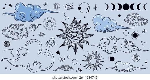 Set of magic and clouds, an image of a magical blue, starry sky with a crescent moon.