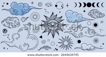 Set of magic and clouds, an image of a magical blue, starry sky with a crescent moon.