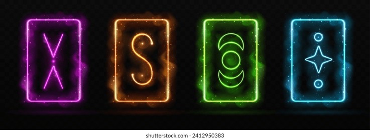 Set of Magic colorful glowing cards or neon frames with magic symbols isolated on black transparent background. Vector illustration