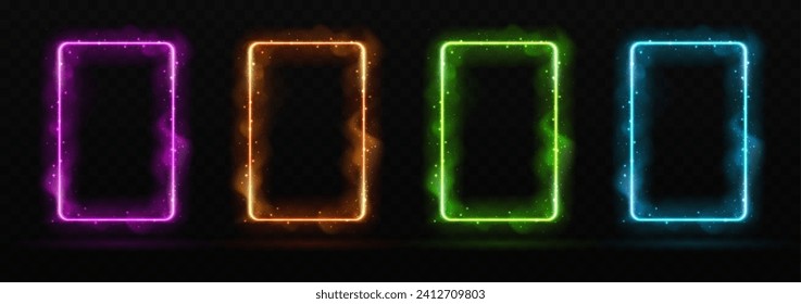 Set of Magic colorful glowing shiny trails or neon frames isolated on black transparent background. Set of neon magic cards. Vector illustration