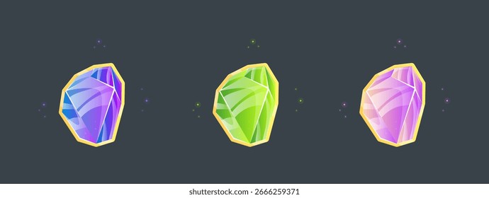 Set Of Magic Crystal Gems In Purple Blue Green Pink Color For Casino Slots Game UI Vector Design