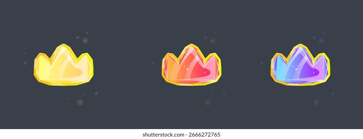 Set von Magic Crystal Golden Crown Gem in Gelb Orange Rot Lila Farbe für Spiele oder Slots oder Casino Vektor Design