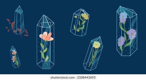 Conjunto de cristal mágico, contorno de flores y hojas. Elementos florales decorativos para el diseño y la coloración de la primavera. Minerales, diferentes cristales, piedras preciosas. Astrología y magia.