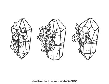 Set of magic crystals with bouquets of flowers. Vector illustration.