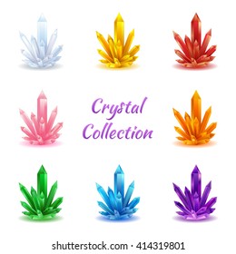 Set Of Magic Crystals. Crystals Collection On Isolated White Background Vector Illustration. Stone Healing Energy. Amethyst, Topaz, Citrine, Rose Quartz, Kyanite, Ruby, Green Gemstone.
