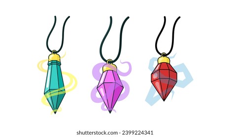 Set of magic crystals isolated on white background. Mystical talisman on a string. Flat color vector illustration with outline