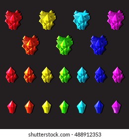 Set of magic crystals or minerals cartoon style on gray background