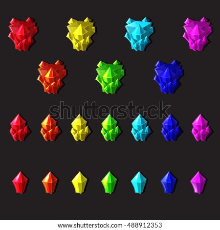 Set of magic crystals or minerals cartoon style on gray background