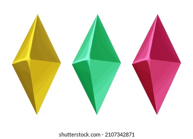 Set magic crystals, rhombus gemstone, treasure in cartoon style isolated on white background. Natural rock, mineral. Ui game asset, icon.