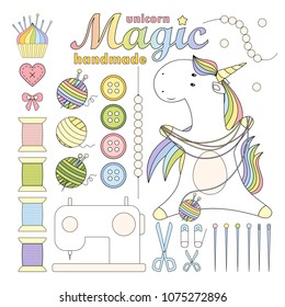 Set magic cute unicorn. Set of handmade elements. Fashion stickers collection. Vector illustration.
