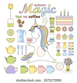 Set magic cute unicorn. Set of tea and coffee  elements. Fashion stickers collection. Vector illustration.