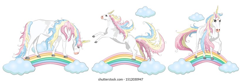 Set of Magic cute unicorn, walking on the rainbow, doodle nursery art