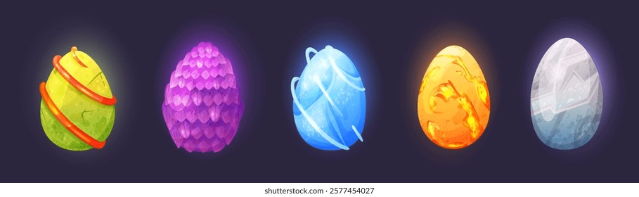 Set of magic dinosaur or dragon eggs with texture and light