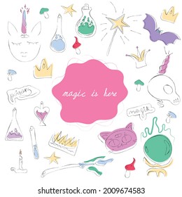 Un doodle mágico para Halloween. Imágenes bonitas y aterradoras de unicornios, ponis, setas, murciélagos. Colección de brujas. Estilo de línea dibujada a mano. Ilustración del vector 