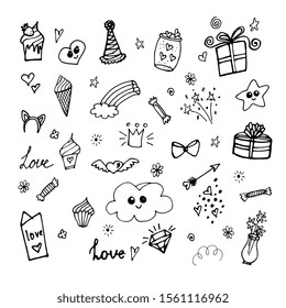 Set Magic Doodles. Cute collection with magic items: stars, rainbow, crown, sweets, candies, gifts. Hand drawn line style. Vector doodles illustrations. Isolated vector on white.