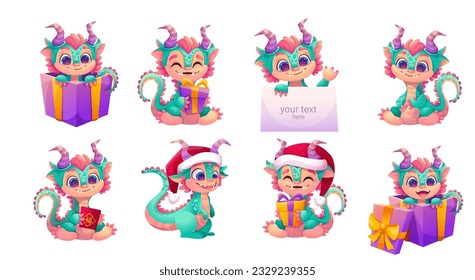 Set of magic dragons, flying fairy animal. Cute characters in different poses, with gift box, santa hat, red envelope. Childish bright collection for your design. Vector cartoon illustration