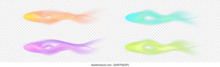 Set of magic effects of magic in the form of glowing streams and shining curls on a white background. Vector illustrations for fantasy, games, animations and fairy-tale projects.
