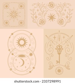 Set of magic elegant elements: moon and sun, key, stars, plants. Can be used for veb, logo, textile and typography.