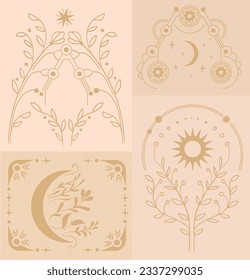 Set of magic elegant elements: moon, sun, stars and plants. Can be used for veb, logo, textile and typography