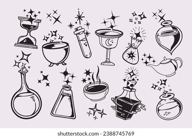 Set magic elements. Glass bottles with magic potion and elixir vector