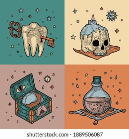 Set of Magic Elements on Retro Vintage Background. Mystical Objects. Wooden Chest, Tooth with Key, Glass Bottle with Poison, Human Skull. Boho Greeting Card for All Saints Day, Halloween, Witch