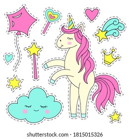 Set of magic elements and unicorn stickers. Vector illustration.