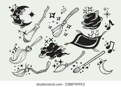 Set magic elements. Witch broom set cartoon. Magic Flying broom