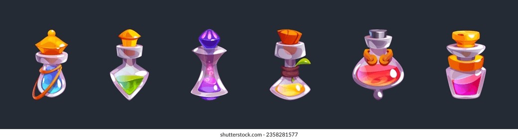 Set of magic elixir bottles isolated on black background. Vector cartoon illustration of corked glass jars with colorful liquid substance, love potion, medicine, toxic poison. Medieval lab assets