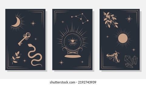 Set of magic esoteric posters in a minimalist retro style. Magic ball, snake, butterfly, sun, moon, floral elements. Magic and witchcraft, witch esoteric alchemy. Vector illustration. 